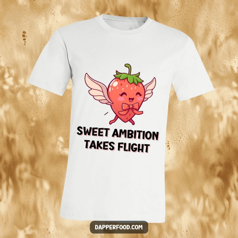 Funny t-shirt featuring a delightful strawberry character with legs and wings, attempting flight with a ribbon, embodying sweet aspiration.