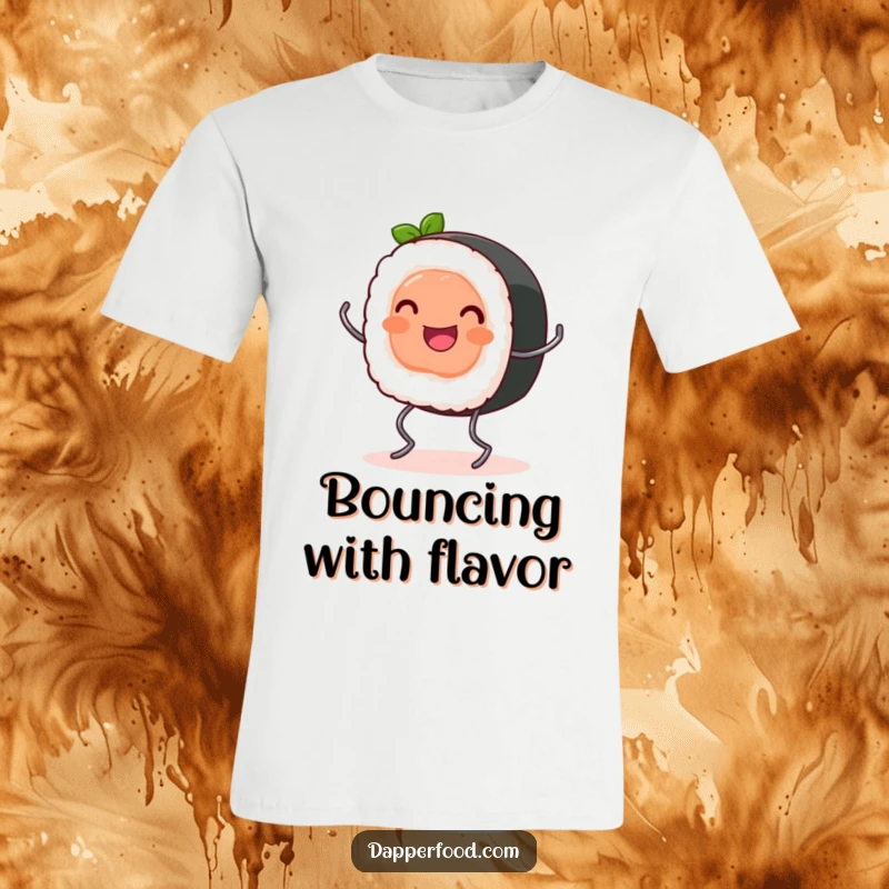 Funny T-Shirt: A happy sushi roll with tiny spring legs bounces with excitement, a cute depiction of portable sushi.