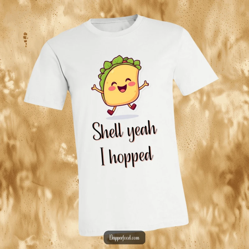 Funny Taco Joyful Hop T-Shirt showcasing a smiling taco character with legs joyfully hopping, spreading cheer and deliciousness.