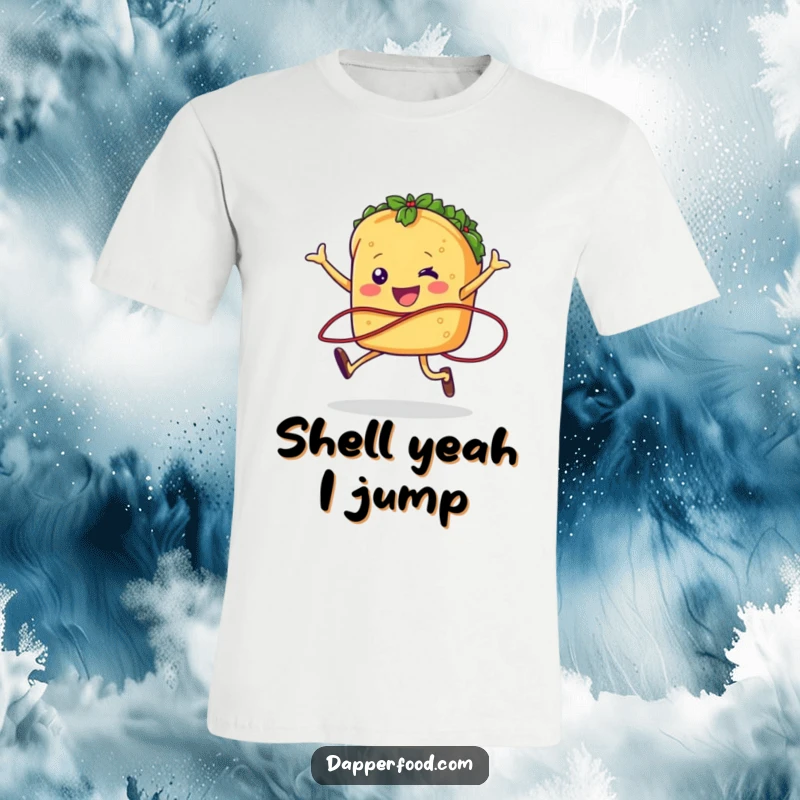 Funny taco character with legs jumping rope with a salsa strand, printed on a t-shirt for a playful, active look.