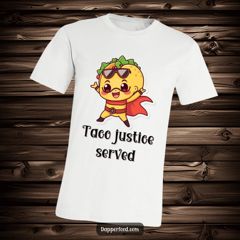 Funny t-shirt depicting a cheerful taco in a dynamic superhero pose, embodying strength and flavor.