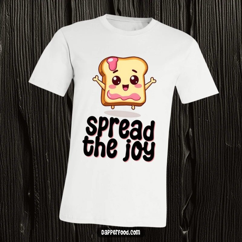 Funny t-shirt graphic of a happy, wide-eyed piece of toast leaping enthusiastically towards a jelly jar, showcasing breakfast joy.