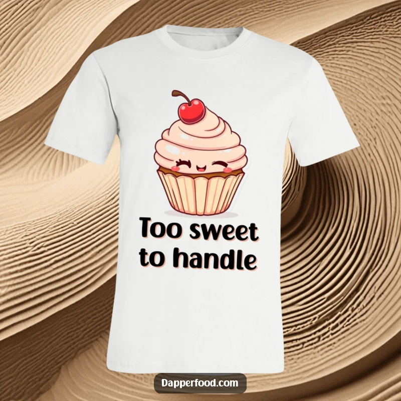 Funny T-Shirt with a cheeky cupcake winking mischievously, a cherry tilted, celebrating sweet and silly humor.