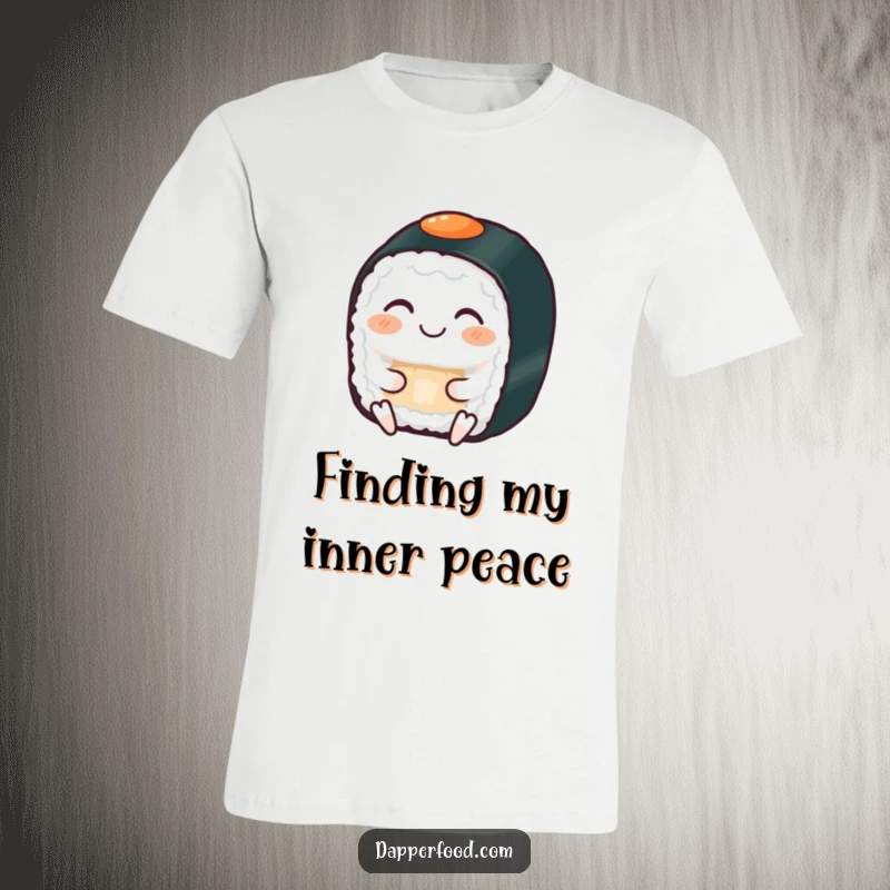 Funny t-shirt with a grinning sushi roll with eyes closed, serenely meditating, capturing a moment of peace.