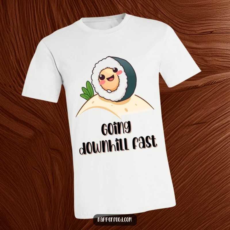 Funny T-Shirt of a smiling sushi roll character rolling down a hill with a look of pure delight and abandon.