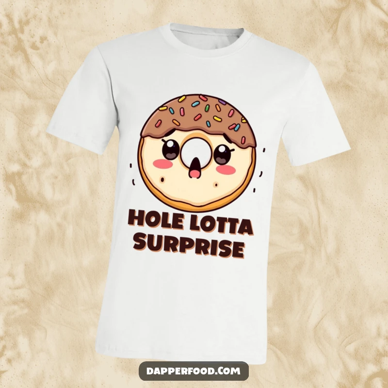 Funny T-shirt graphic of a doughnut character with a shocked expression as colorful sprinkles rain down on its sweet surface.