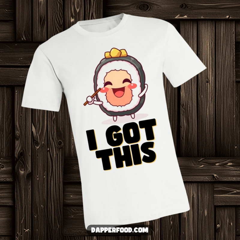 Funny t-shirt with a cheerful sushi character and a wide grin, juggling chopsticks with comedic flair. A delightful food humor gift.