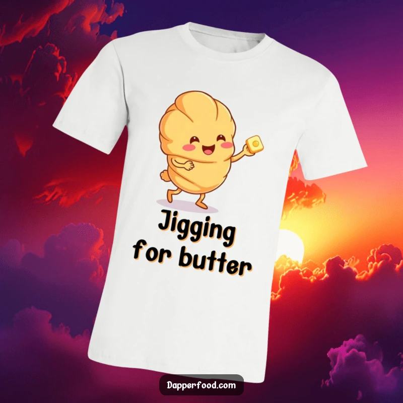 Funny croissant character doing a joyful jig with a tiny butter pat, wearing a playful t-shirt.