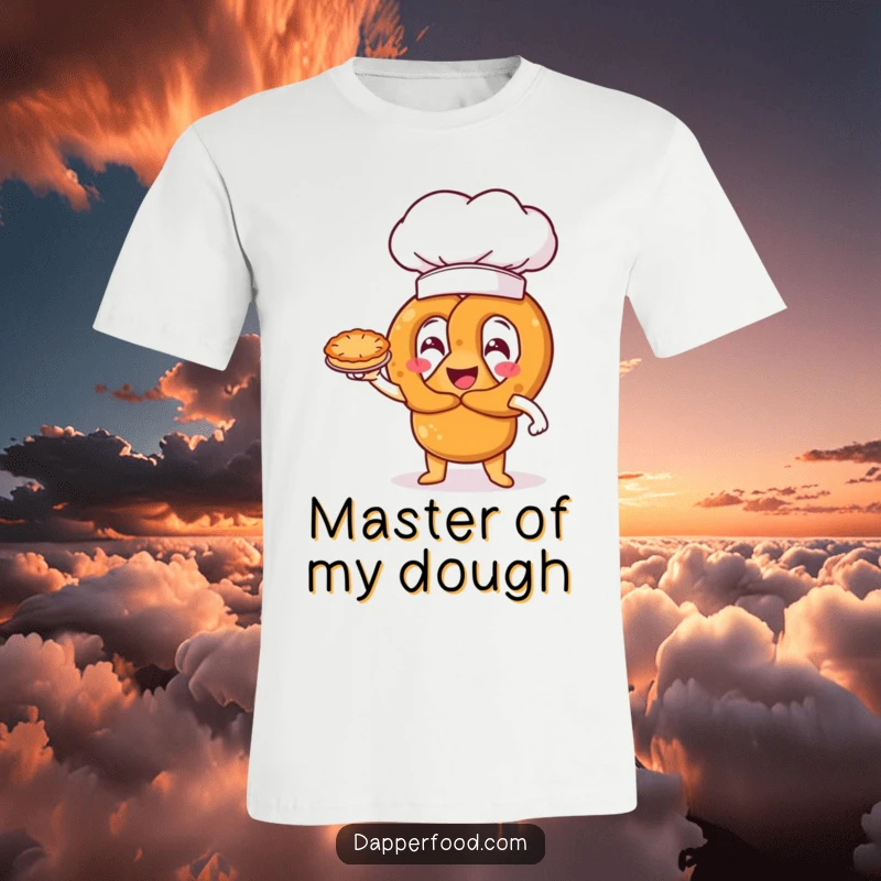 Funny happy pretzel character in an oversized chef hat, triumphantly presenting a miniature pie, a humorous graphic tee.