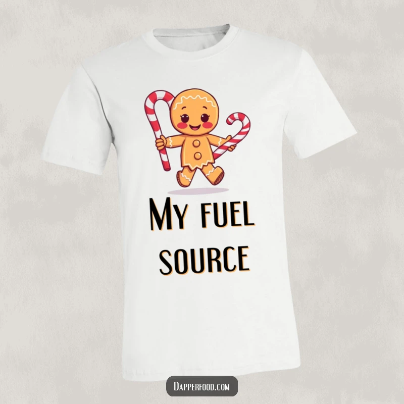 Funny t-shirt with a cheerful gingerbread man character running energetically with a large candy cane, perfect for holiday fun and laughter.