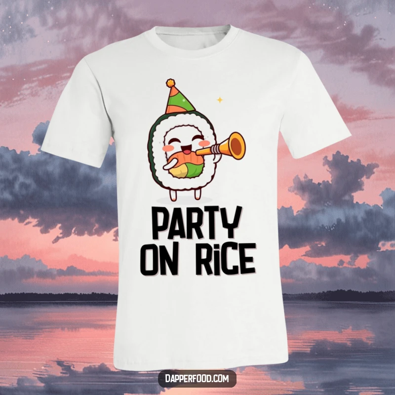 Funny sushi roll t-shirt, wearing a party hat, enthusiastically playing a miniature trumpet, showcasing a joyful and musical foodie.
