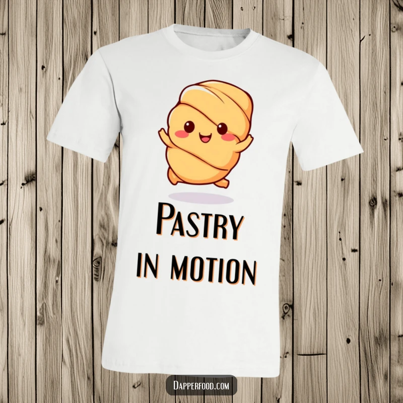 Funny Kawaii Croissant T-Shirt: A cute pastry character in a happy hop, embodying joy, a delightful funny gift.