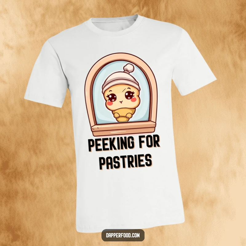 Funny t-shirt featuring a curious croissant character with eyes and a tiny hat, peeking from a bakery window, celebrating baked goods.