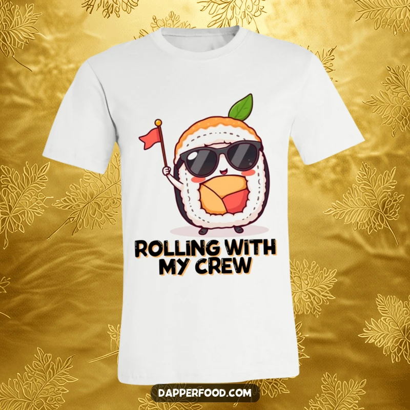 Funny sushi roll wearing tiny sunglasses waves a tiny flag, looking delighted on this t-shirt, ideal for casual wear.