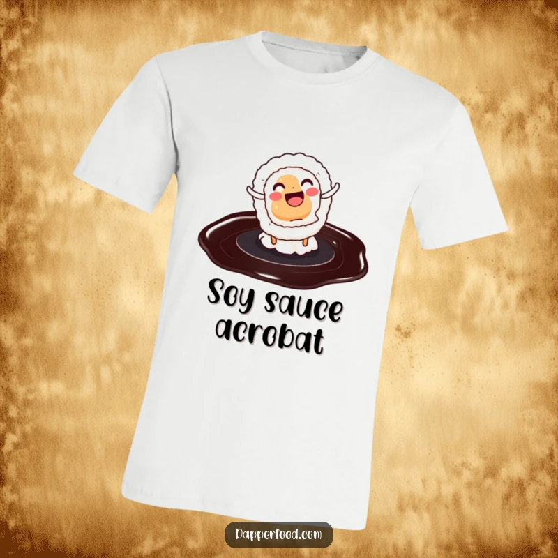 Funny t-shirt featuring a smiling sushi roll performing an energetic cartwheel on a soy sauce puddle, bursting with happiness.