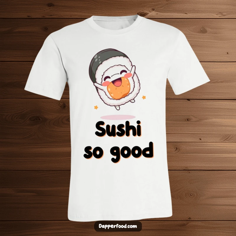 Funny sushi roll t-shirt, kawaii character performing a happy somersault, vibrant and playful design, ideal funny gift.