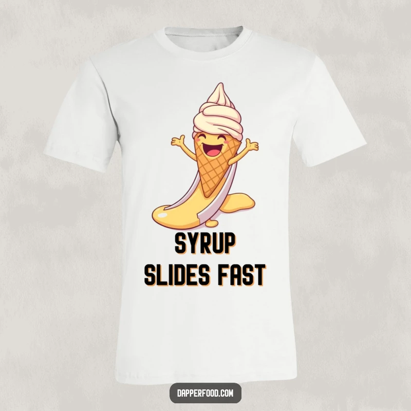 Funny t-shirt graphic of a laughing ice cream cone with arms gleefully sliding down a syrup slide, embodying pure dessert delight.