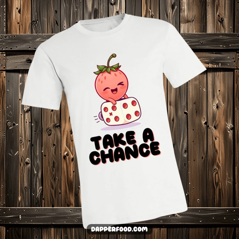 Funny T-Shirt depicting a winking strawberry character riding a rolling dice, ready for any adventure.