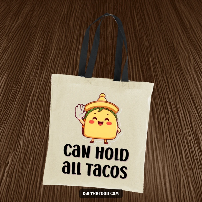 Funny Tote Bag featuring a cheerful taco character with a sombrero, enthusiastically saluting, ideal for shopping trips.