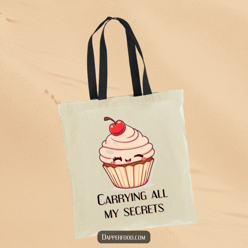 Funny Tote Bag depicting a cheeky cupcake winking, a cherry tilted, perfect for carrying humor and essentials.