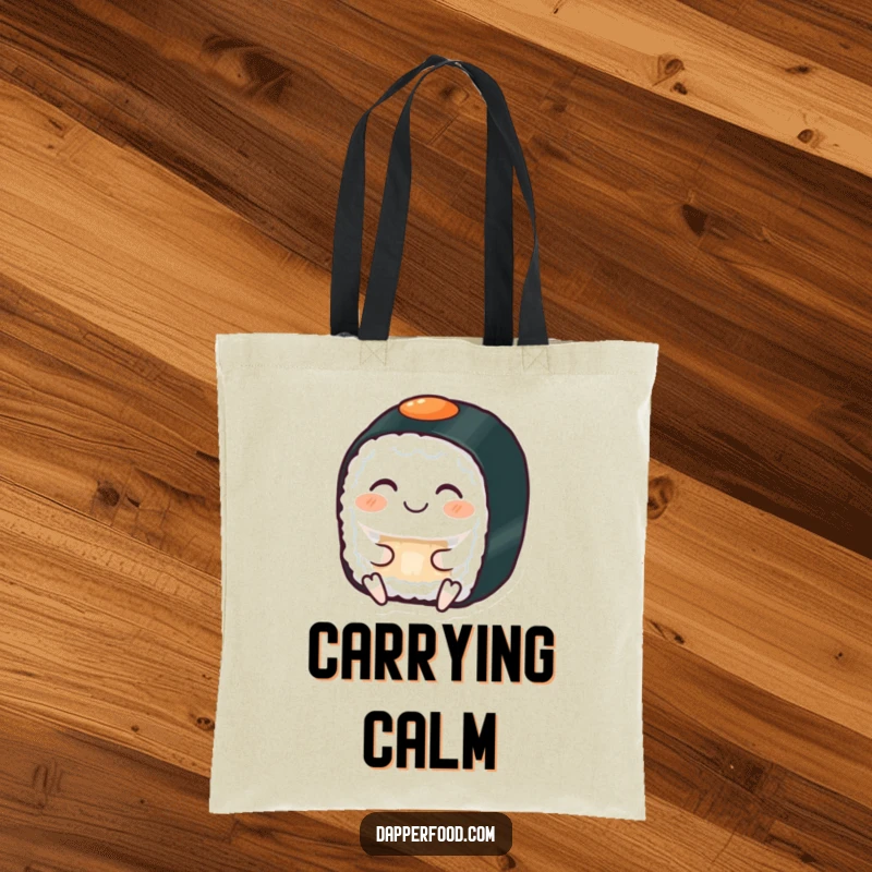 Funny tote bag with a grinning sushi roll with eyes closed, serenely meditating, perfect for shopping.