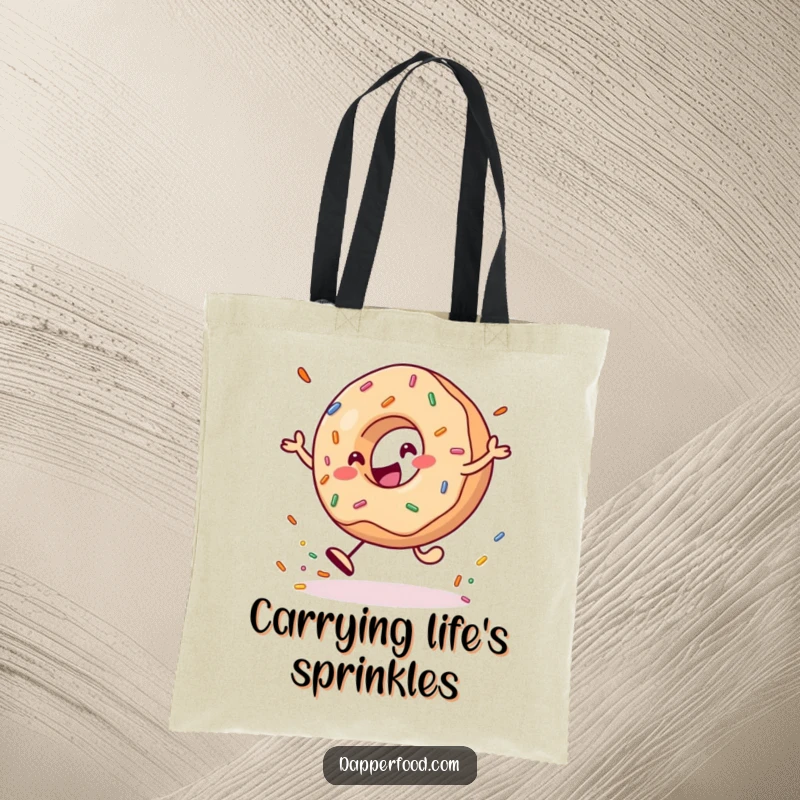 Funny Tote Bag featuring a cheerful donut character bouncing a large sprinkle, perfect for shopping trips.