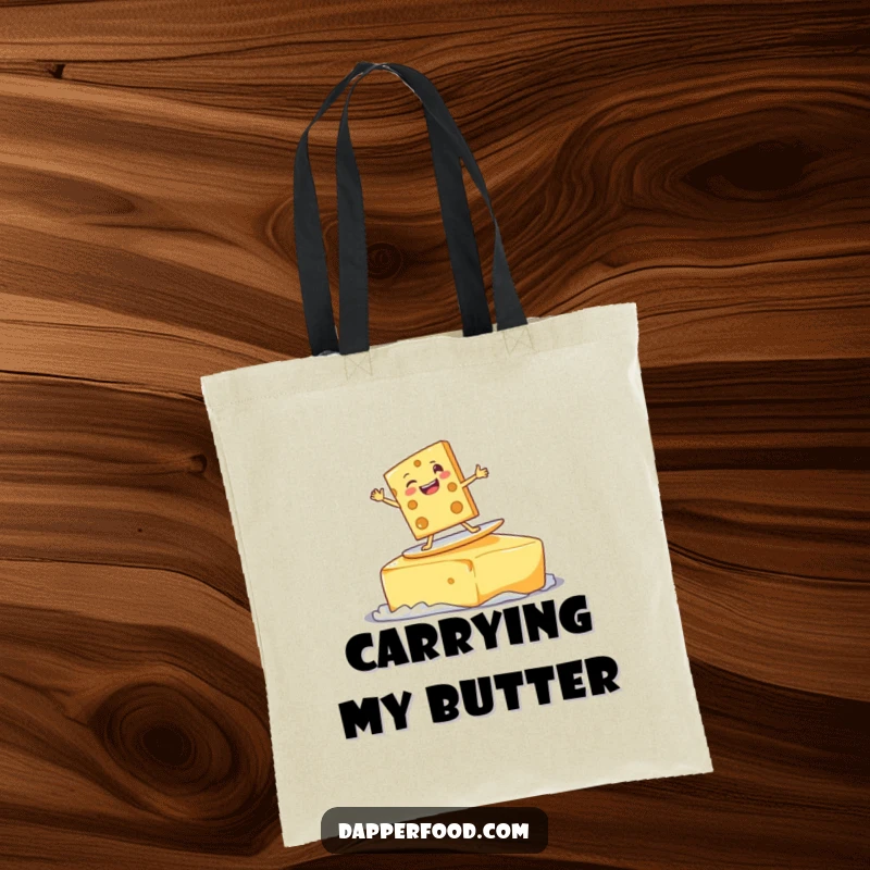 Funny delighted cheese slice character surfing on a giant pat of butter with a goofy grin, a humorous and practical tote bag.
