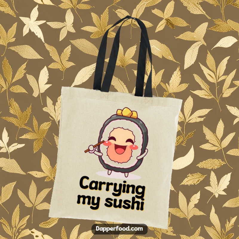 Funny tote bag showcasing a cheerful sushi character joyfully juggling chopsticks, perfect for carrying essentials with a smile. Great funny gift.
