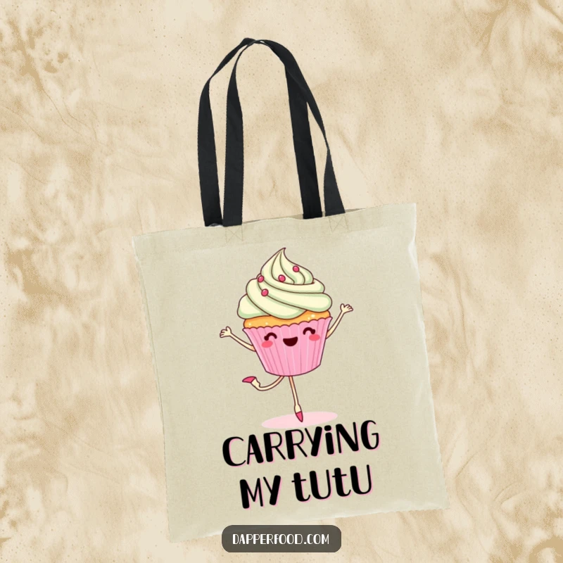 Funny tote bag illustration of a cheerful cupcake with legs performing a ballet pirouette, highlighting its sweet and artistic nature.