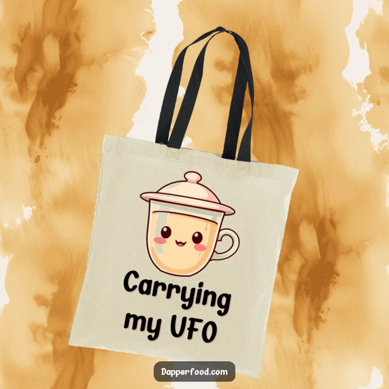 Funny tote bag showcasing a coffee cup character with a flying saucer lid, joyfully hovering on an intergalactic journey.