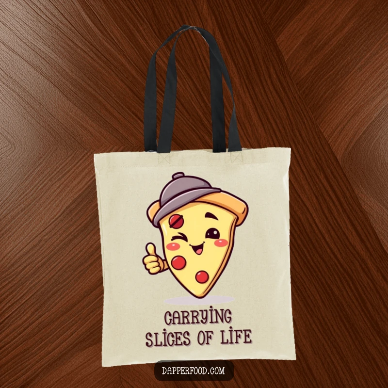 Funny tote bag featuring a winking pizza slice character in a jaunty hat, captured mid-handstand, perfect for carrying items with flair. Great funny gift.