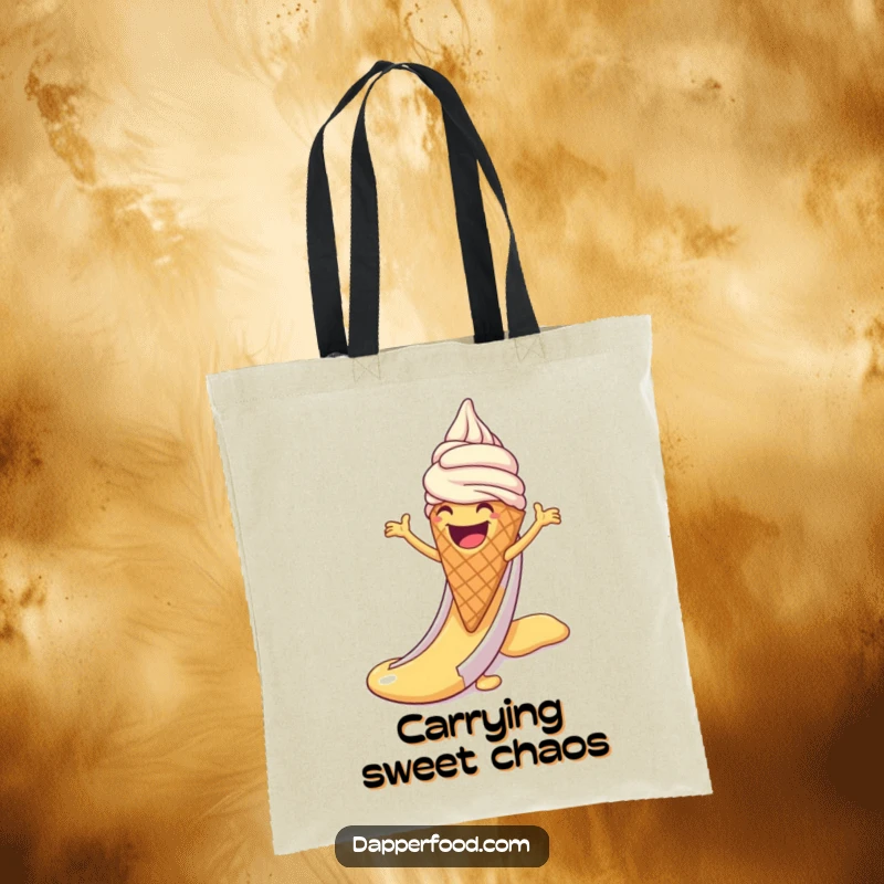 Funny tote bag illustration of a laughing ice cream cone with arms sliding down a syrup slide, showcasing pure dessert bliss.