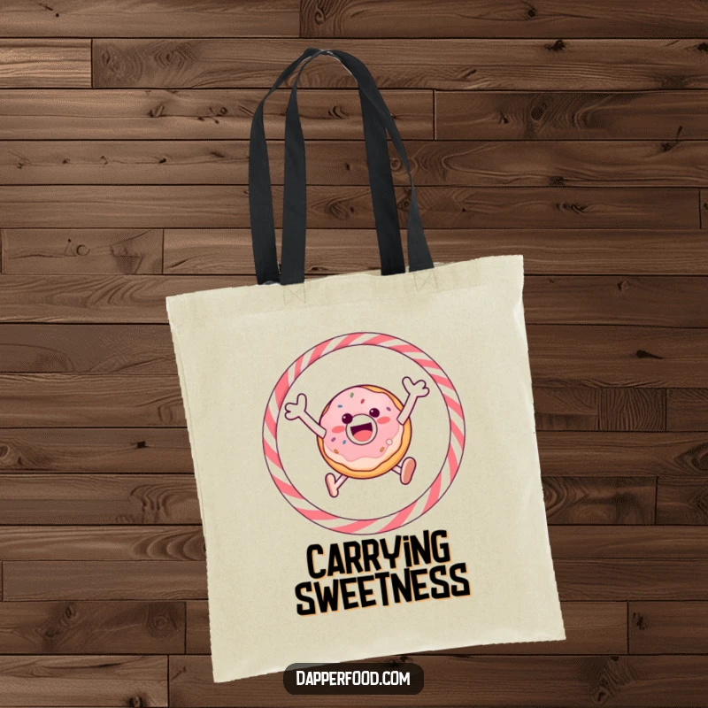 Funny tote bag with a gleeful donut jumping through a licorice hoop, perfect for errands and showing off sweet style.
