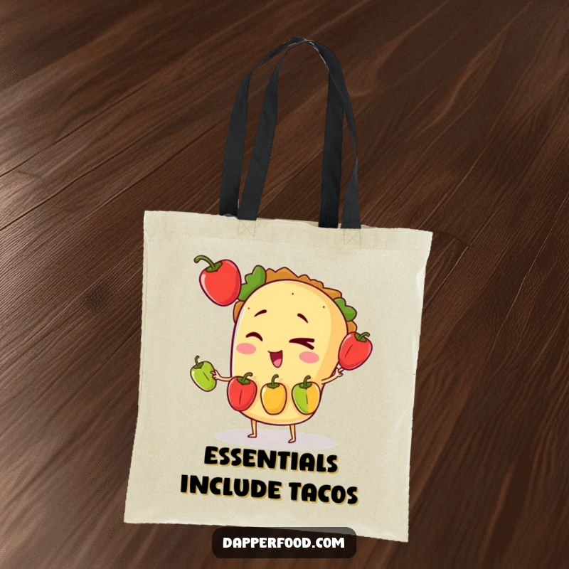 Funny tote bag showing a winking taco character adeptly juggling three tiny bell peppers, ready for a fiesta.