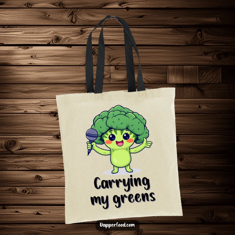 Funny tote bag featuring a proud broccoli floret character presenting a tiny microphone, perfect for carrying items with a touch of musical humor.