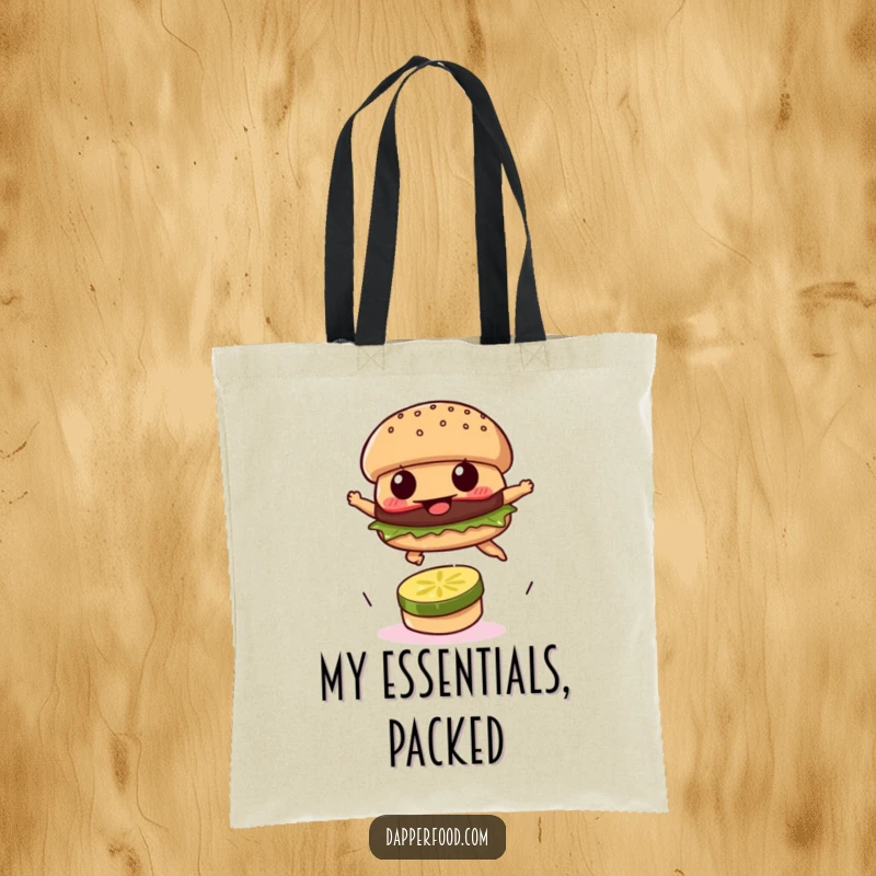 Funny tote bag featuring a burger patty leaping over a pickle slice, perfect for carrying essentials.