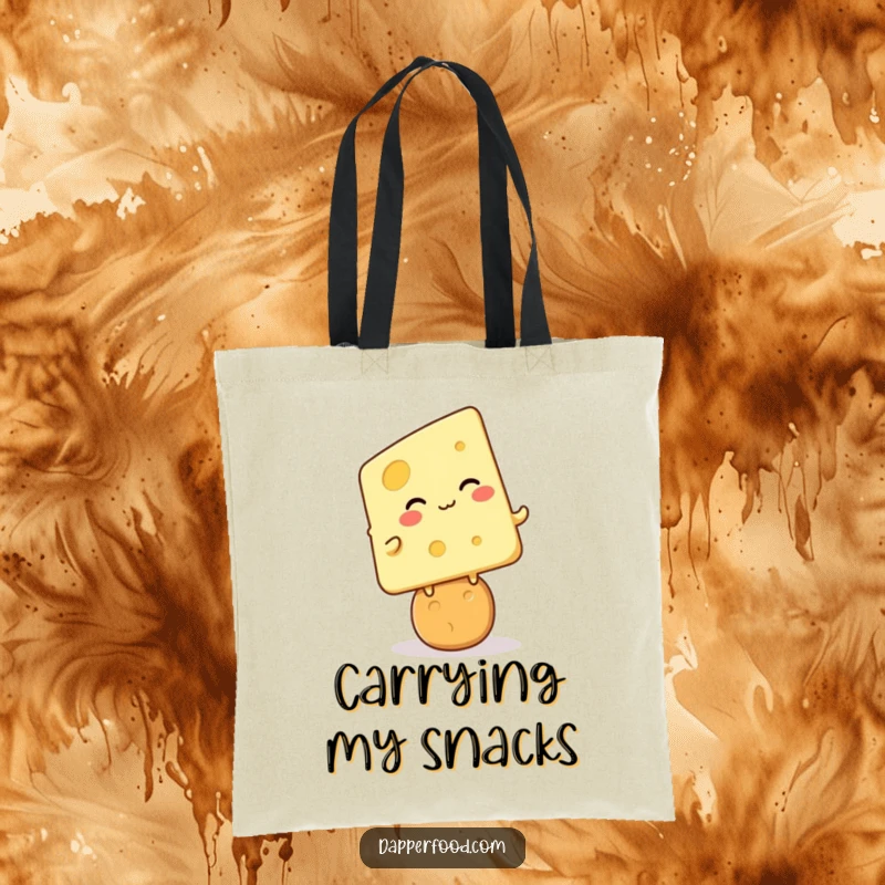 Funny cheese cracker giggle tote bag, kawaii cheese character giggling on a cracker, humorous and practical design, excellent funny gift.