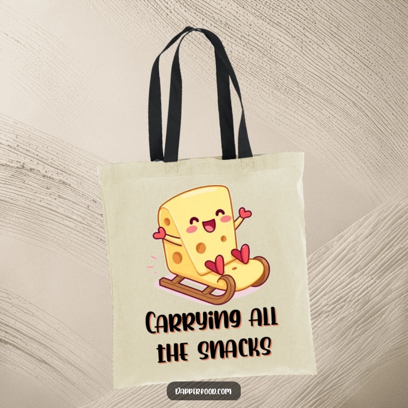 Funny cheese slice tote bag, cheerfully sliding down a cracker, perfect for carrying snacks with a smile. A useful funny gift.