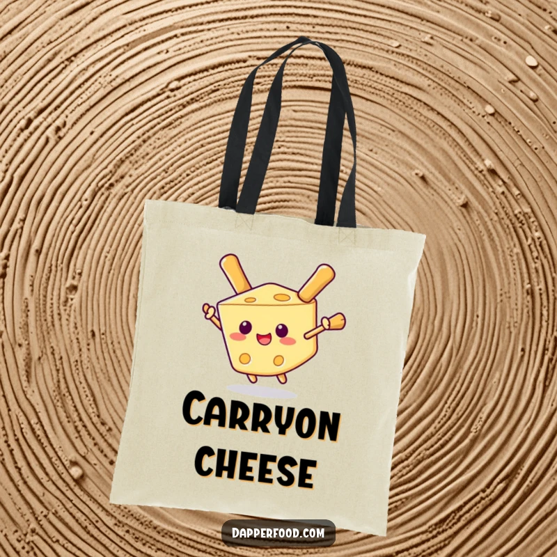 Funny tote bag with a cheerful cheese wedge using breadstick wings for flight, ideal for grocery runs or daily errands.