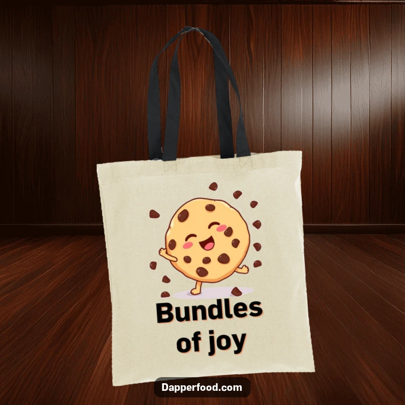 Funny cookie cartwheel tote bag, with chocolate chips scattering during a playful cartwheel attempt. A useful funny gift.