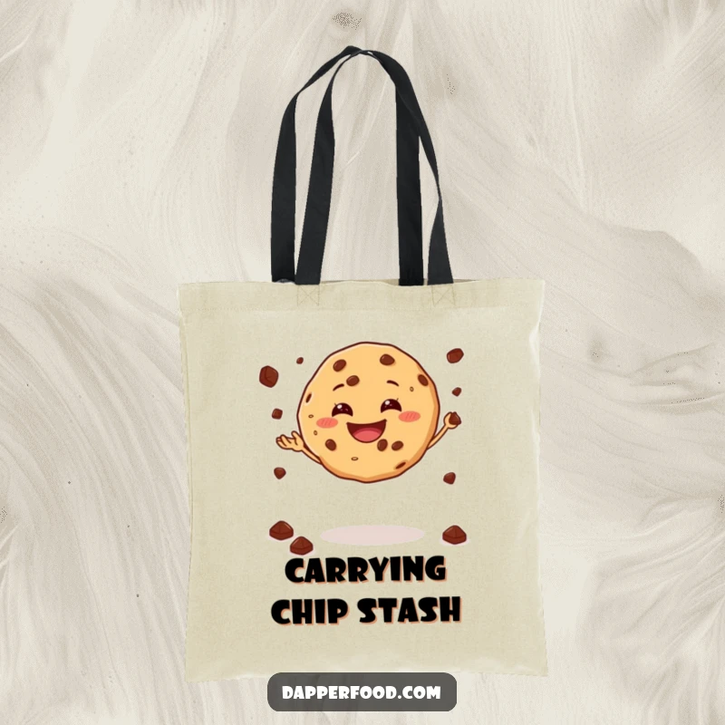 Funny tote bag illustration of a grinning cookie masterfully juggling chocolate chips while balancing.