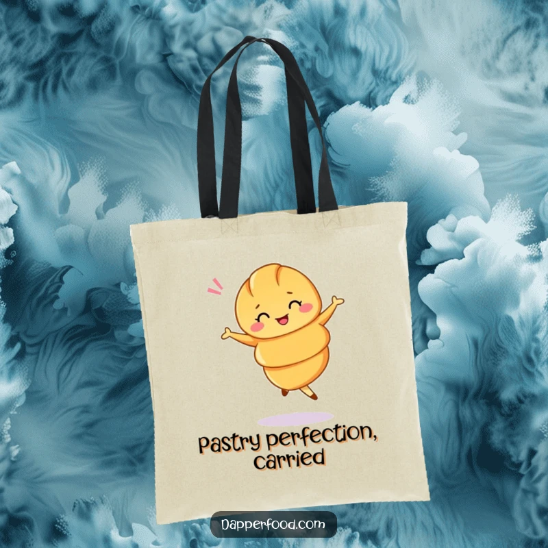 Funny tote bag featuring a croissant mid-ballet twirl, winking, perfect for stylish errands.