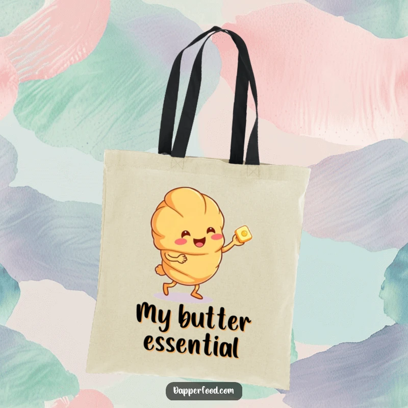 Funny croissant character doing a joyful jig with a butter pat, carried in a humorous tote bag.
