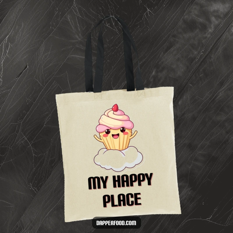 Funny cupcake cloud bounce tote bag, kawaii character happily jumping on a cloud, cute and practical, excellent funny gift.