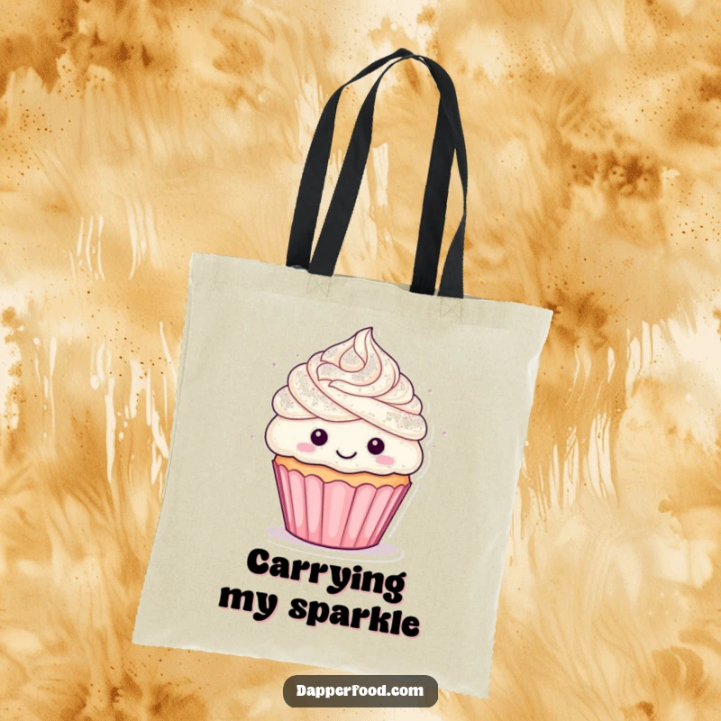 Funny cupcake tote bag showing a happy character with frosted hair receiving a glitter shower, a practical and amusing accessory.