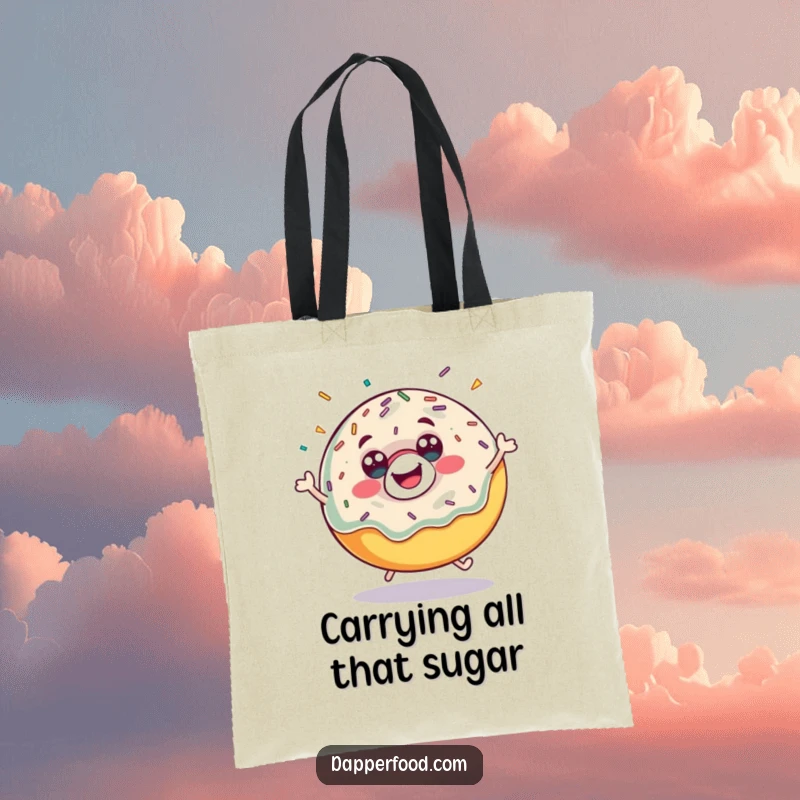Funny donut bounce tote bag, with sprinkles flying during an enthusiastic bounce, perfect for carrying essentials. A useful funny gift.