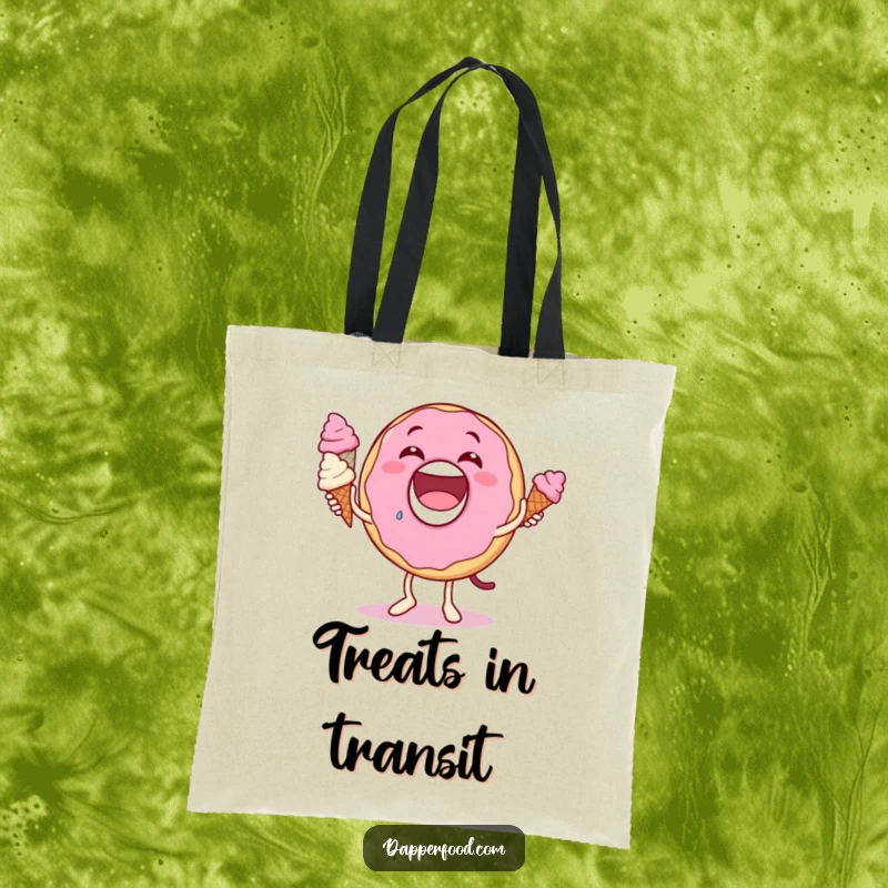Funny donut tote bag, delighted expression, juggling small ice cream cones, a humorous and practical accessory for daily use.