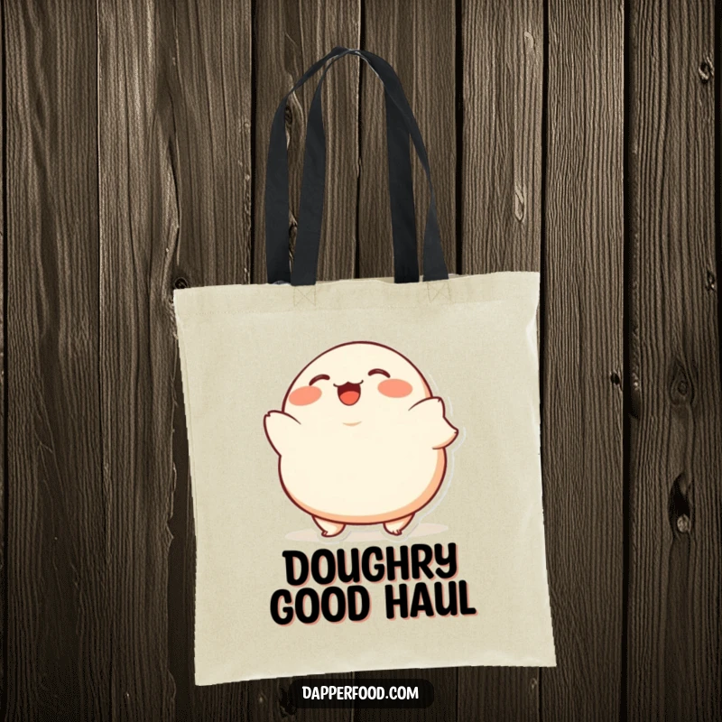 Funny Dumpling Bob Tote Bag showcasing a plump, giggling dumpling character bobbing excitedly, perfect for everyday joy.