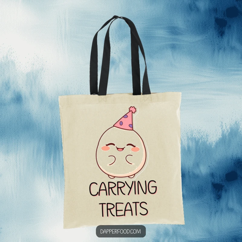 Funny tote bag with a cheerful dumpling winking and wearing a tiny party hat, perfect for carrying essentials with flair.