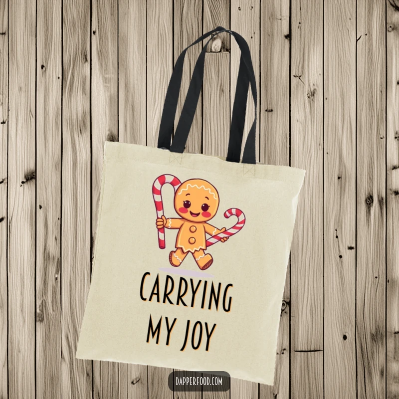 Funny tote bag illustrating a happy gingerbread man character running with a giant candy cane, perfect for carrying groceries with a touch of humor.